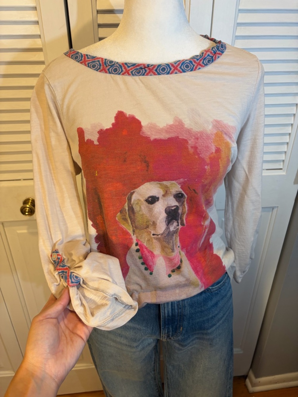 Meadow Rue Cream Top with Coral Red and Teal Trim